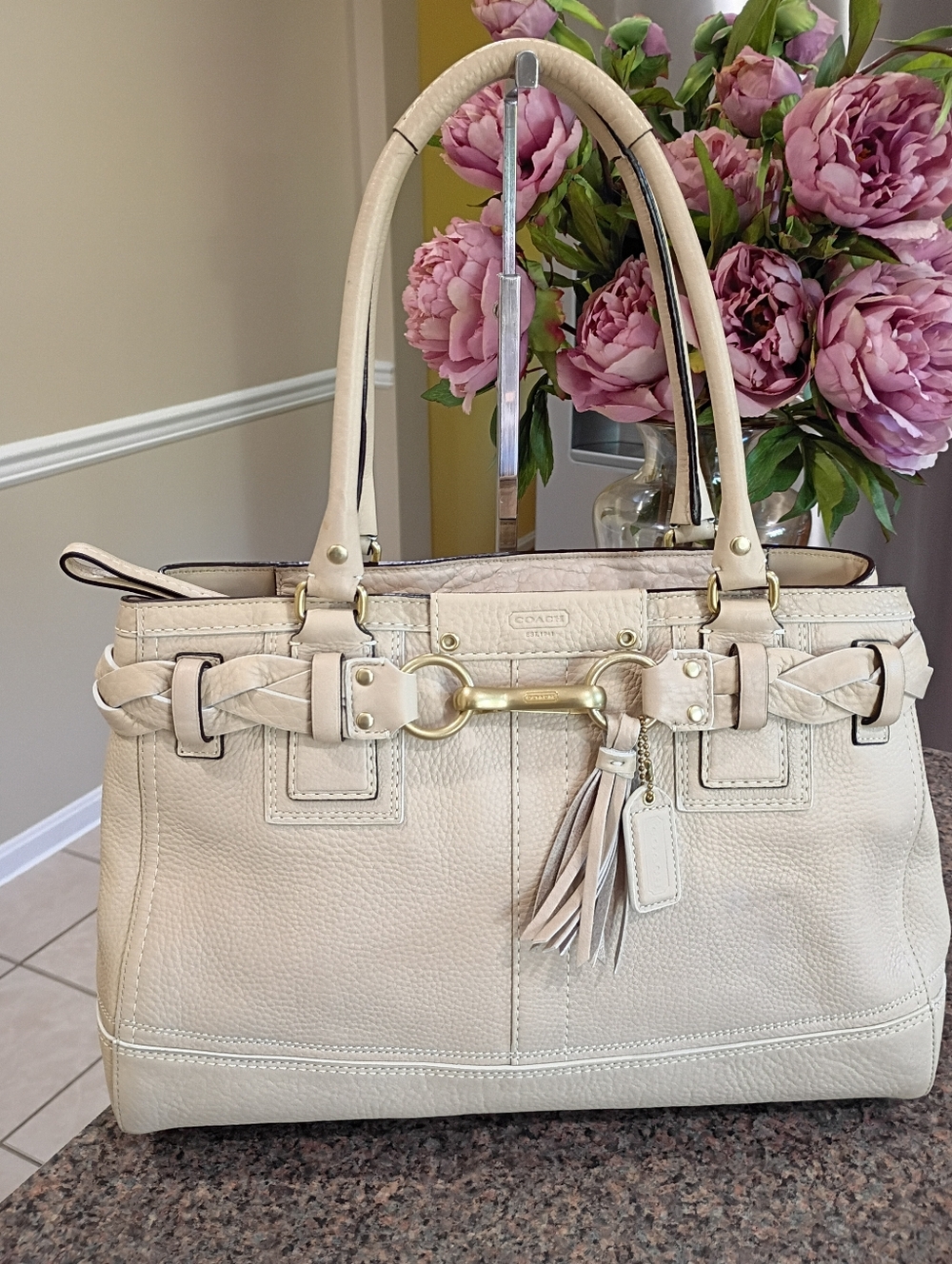 Coach Hamton Briaded Pebbled Leather Satchel Bag in Chalk